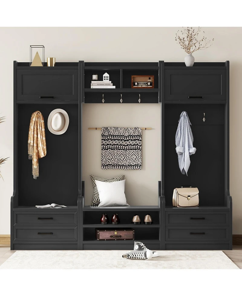 Streamdale 4-in-1 Hall Tree Coat Rack, Bench, Storage, & Hooks - Black