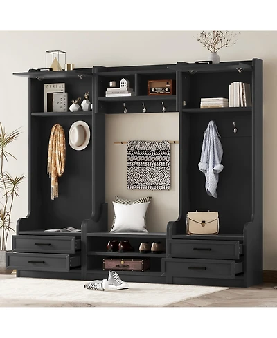 Streamdale 4-in-1 Hall Tree Coat Rack, Bench, Storage, & Hooks - Black