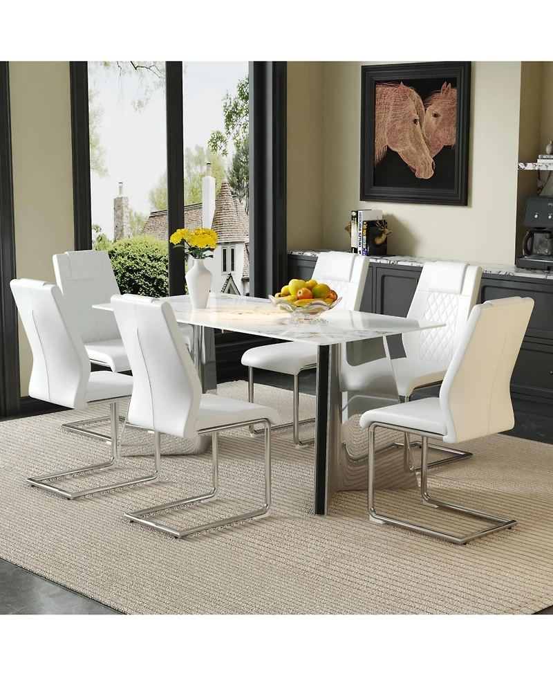 Streamdale 63" Cold Jade Dining Table Set with 6 White Pu Chairs