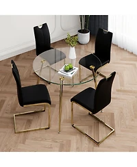 Streamdale Glass Dining Set Round Table, Gold Legs, 4 Black Chairs