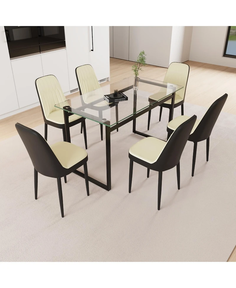 Streamdale 51" Glass Dining Table Set, Black Metal Legs & Pu Chairs