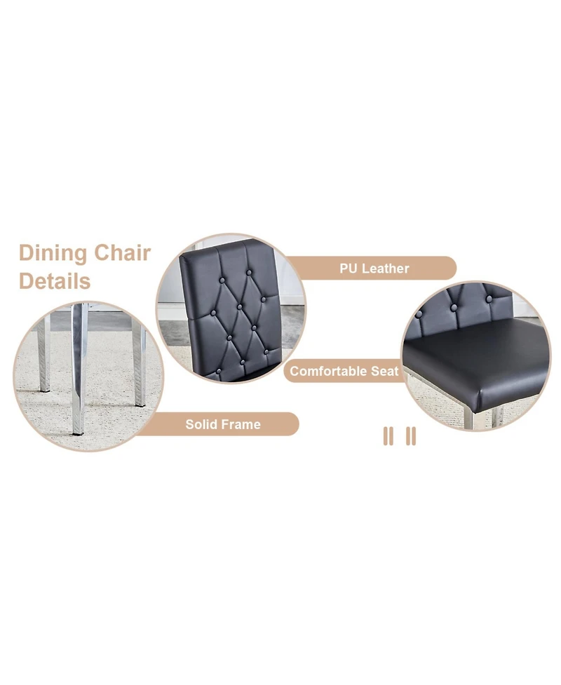 Modern Glass Dining Table Set with 4 Black Chairs