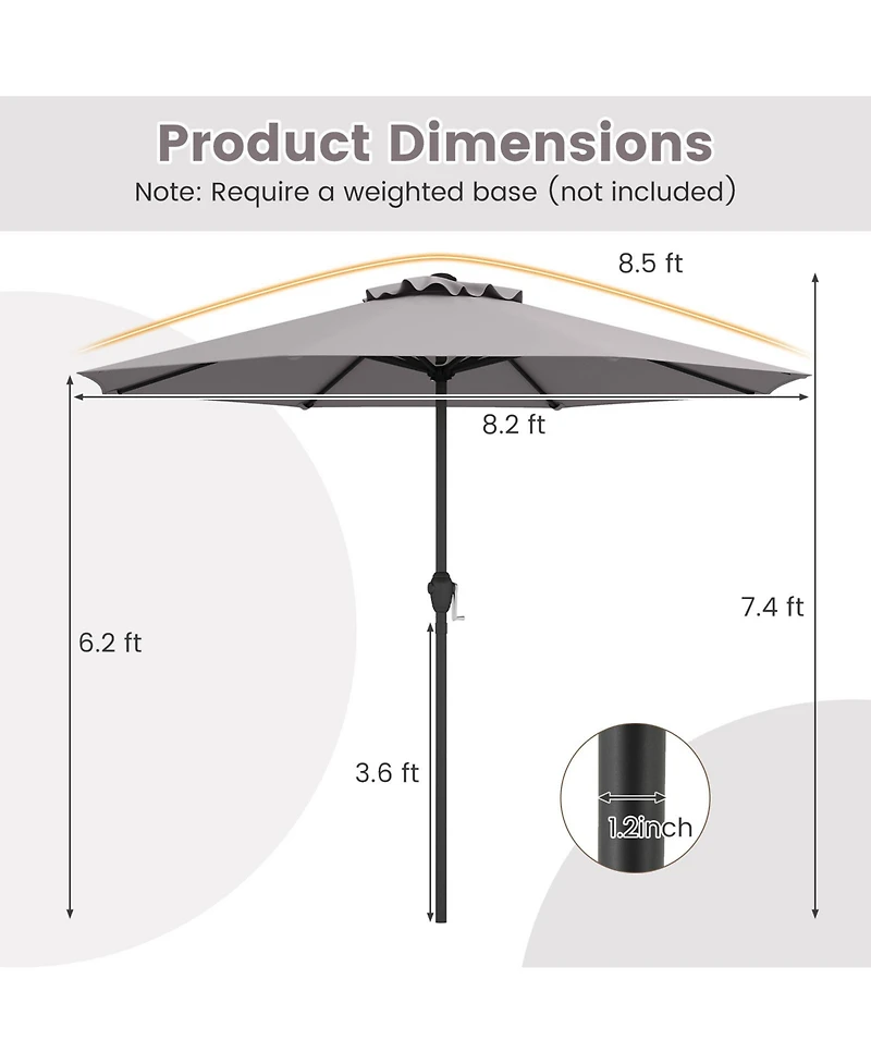 Outdoor Heavy Duty Market Umbrella with Crank Handle and 8 Sturdy Ribs-Gray