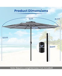 12 Feet Patio Umbrella with Crank Handle and 8 Sturdy Ribs-Gray