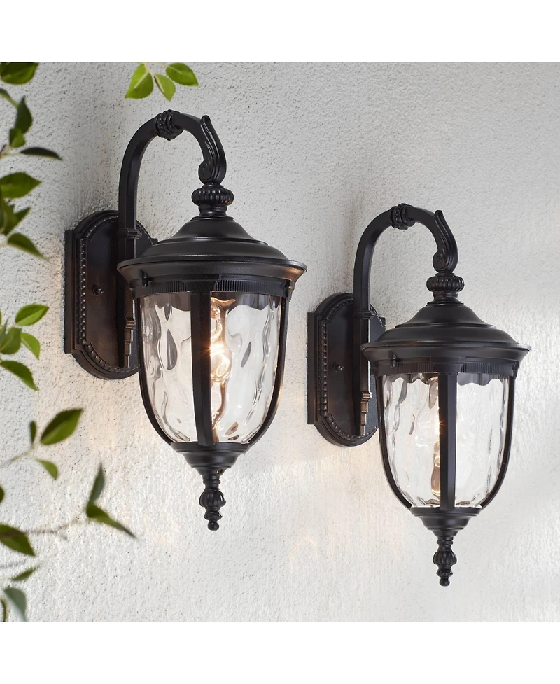 John Timberland Bellagio Vintage Outdoor Wall Light Fixtures Set of 2 Texturized Black Downbridge 16 1/2" Clear Hammered Glass for Post Exterior