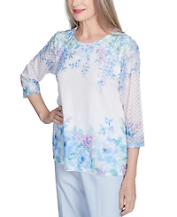 Alfred Dunner Petite Placed-Floral 3/4-Sleeve Top