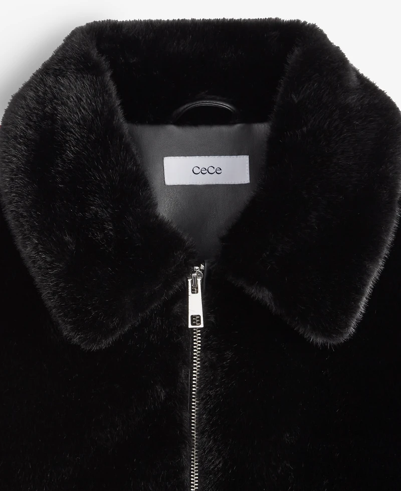 CeCe Petite Zip-Front Faux-Fur Bomber Jacket
