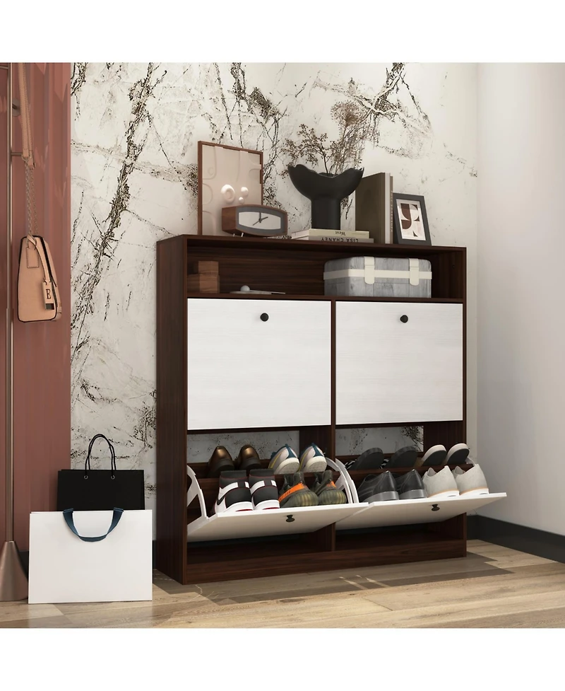 Streamdale Shoe Storage Cabinet 4 Flip Drawers, Wooden Handles, Freestanding, Anti-Tip Fitting