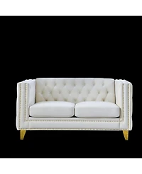 Streamdale Furniture Beige Velvet Sofa with Tufted Square Arm