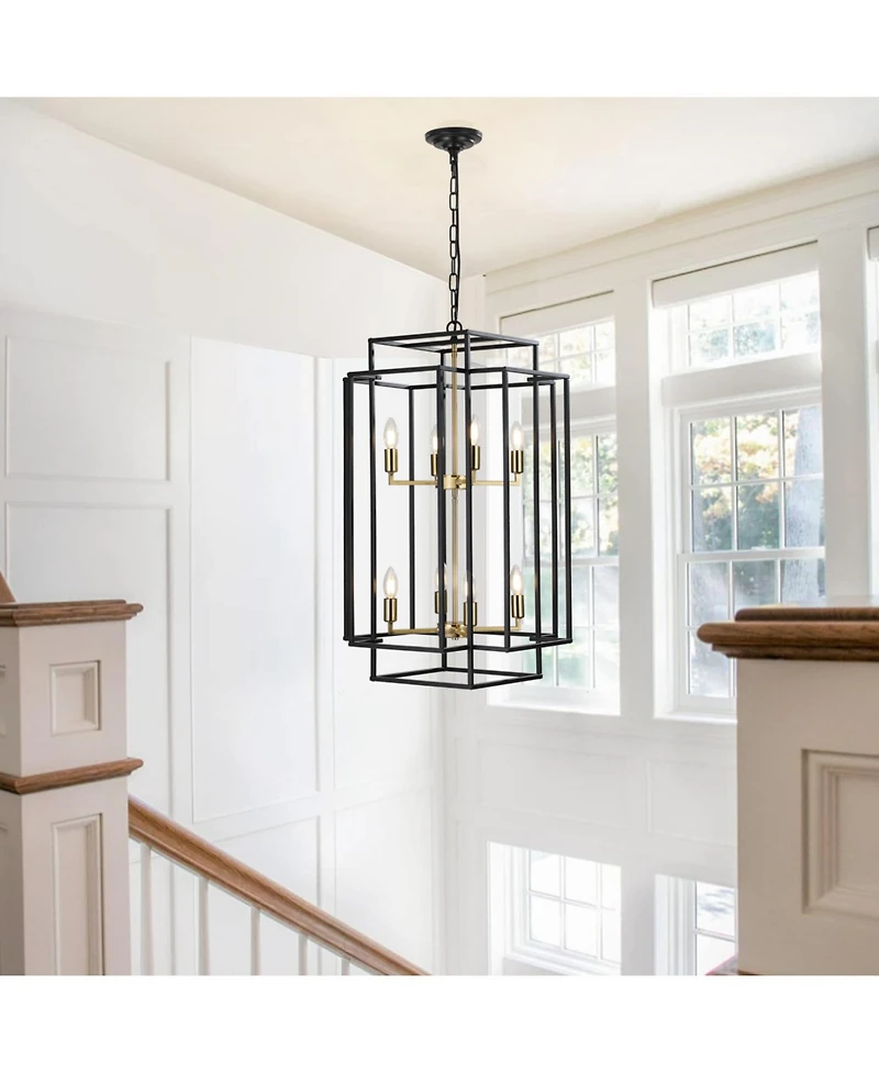 Streamdale 8-Lights Black & Gold Lantern Tiered Pendant Light Fixtures, Industrial Farmhouse Hanging Chandelier (No Bulbs)
