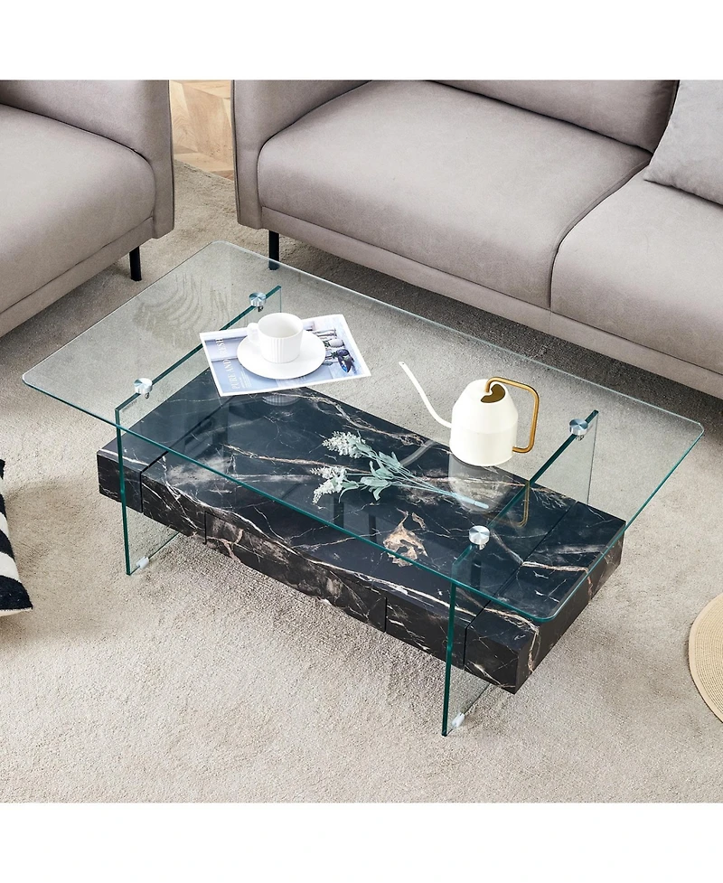 Streamdale 43.3" Modern Two-Tier Glass Coffee Table w/ Marble Texture & Drawer
