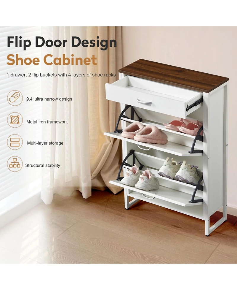 Streamdale Slim Shoe Cabinet with 2 Flip Drawers, 1 Drawer & Organizer