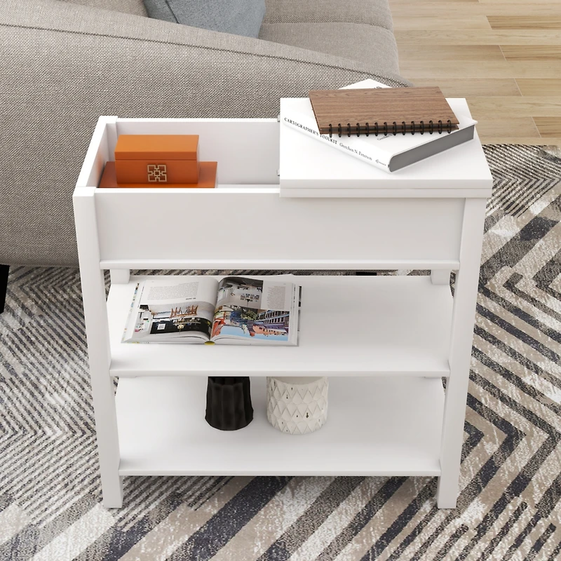 Streamdale Furniture Narrow Sided Table With Drawers And Bottom Partition In Flip Over Design - White