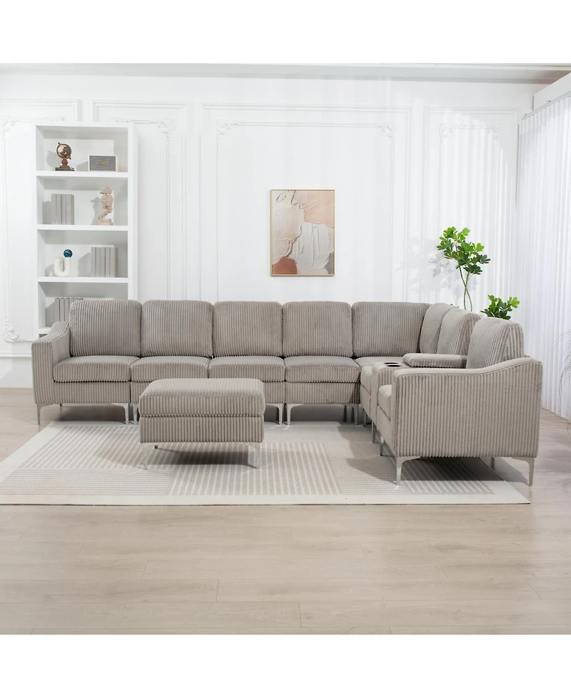 Corduroy Convertible Sectional Sofa with Ottoman, Gray