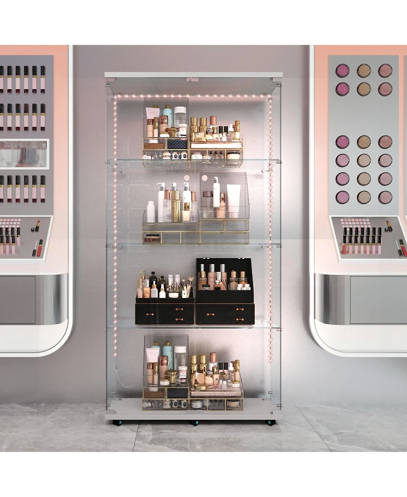 Streamdale White Tempered Glass Cabinet w/ Led, Lock & Wheels