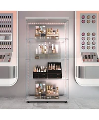 Streamdale White Tempered Glass Cabinet w/ Led, Lock & Wheels