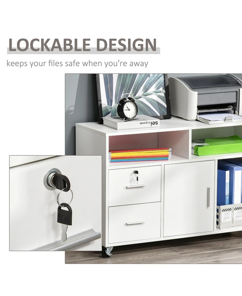 Printer Stand Home Office Mobile Cabinet Organizer Desktop with Caster Wheels, 2 Locking Breaks and Drawer, White