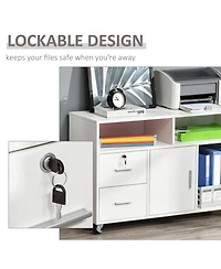 Printer Stand Home Office Mobile Cabinet Organizer Desktop with Caster Wheels, 2 Locking Breaks and Drawer, White