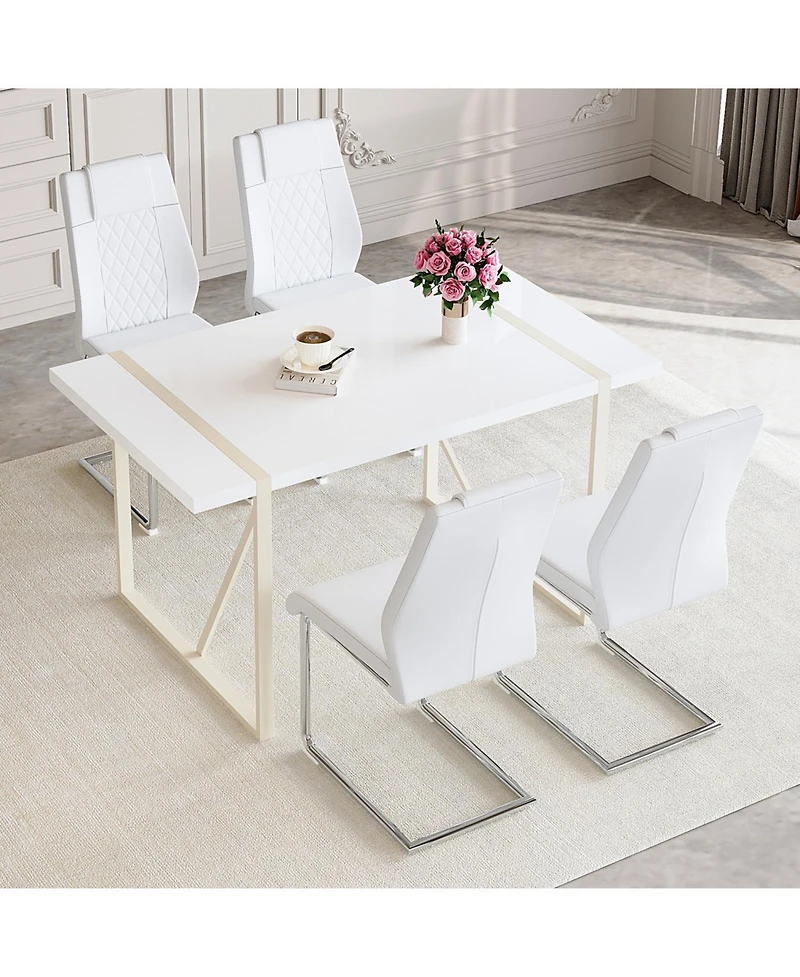 Streamdale Cream-Style Dining Table Set for 4 with Silver Metal Legs, 55"x31.4