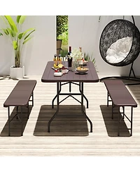 6 Feet Folding Table with Wood Grain Hdpe Tabletop and Safe Lock Mechanism-Brown