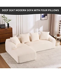 Streamdale White Corduroy Compression Sofa with Chaise & Pillows