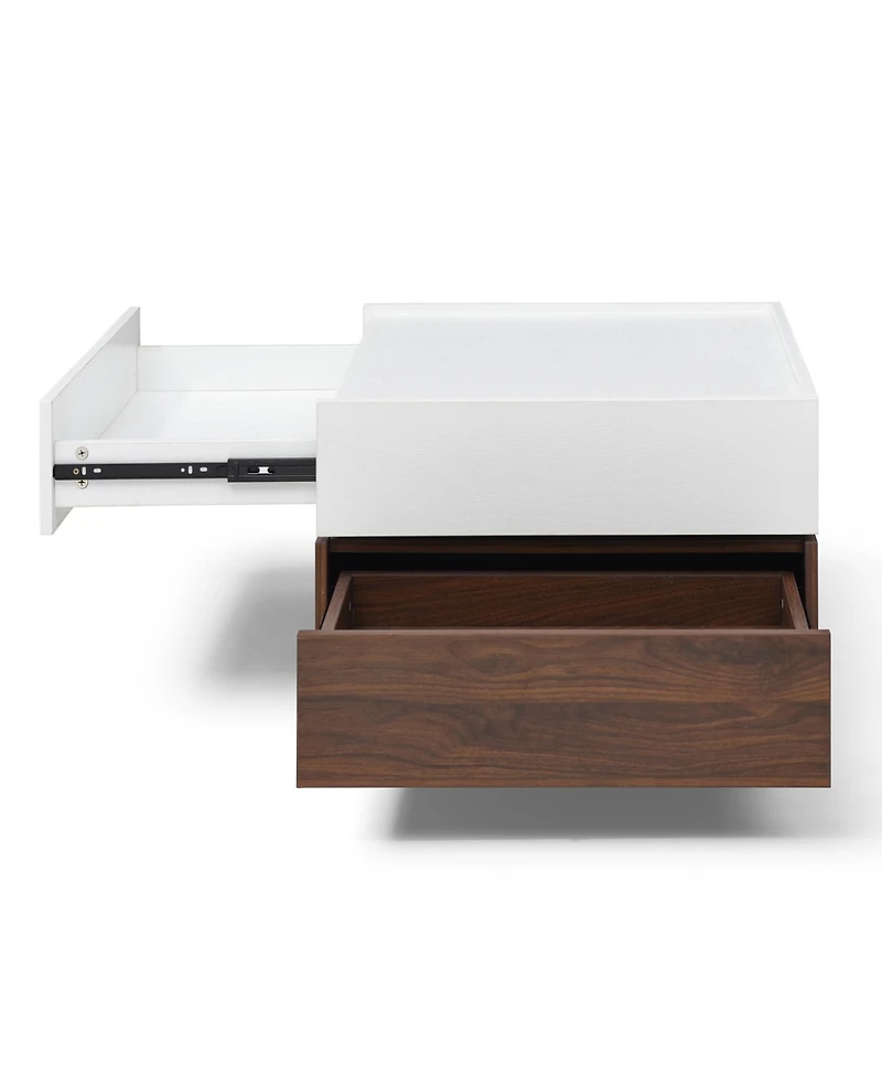 Swivel Coffee Table with 2 Drawers, 2-Tier Storage, Square Top (White and Walnut)