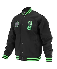 Fisll Men's and Women's Black Boston Celtics Logo Man Shadow Collection Full-Snap Varsity Jacket
