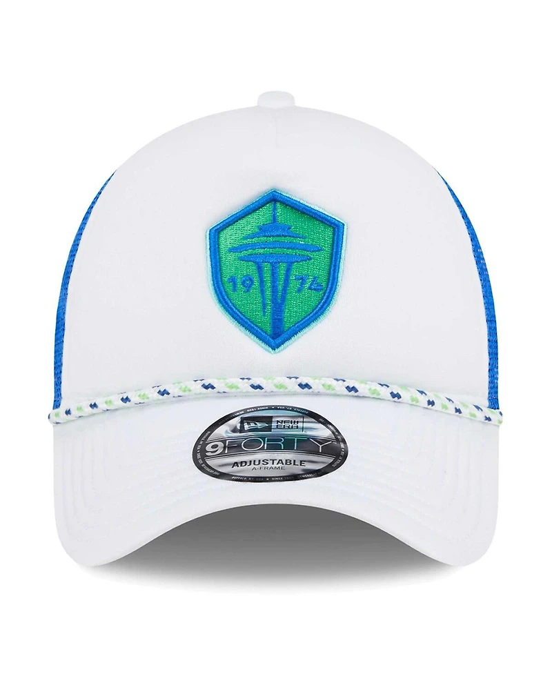 New Era Men's White/Blue Seattle Sounders Fc Court Sport Foam A-Frame 9FORTY Adjustable Trucker Hat