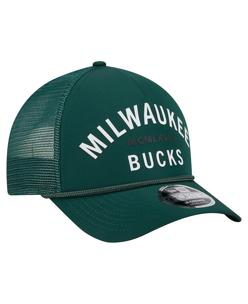 New Era Men's Hunter Green Milwaukee Bucks Minimalist A-Frame 9FORTY Trucker Hat