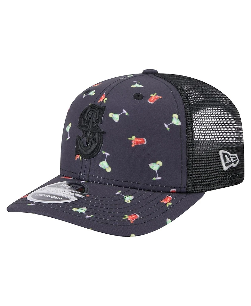 New Era Men's Black Seattle Mariners Adventure Drinks Pattern 9SEVENTY Stretch-Snap Hat