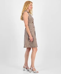 Robbie Bee Women's Striped Belted Sleeveless Fit & Flare Dress