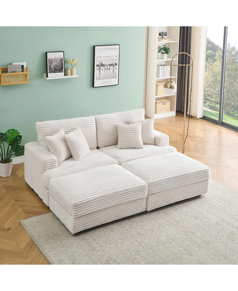 Streamdale 82 inches beige corduroy sofa, two storage feet +4 throw pillows, create a living room, office fashion new darling!