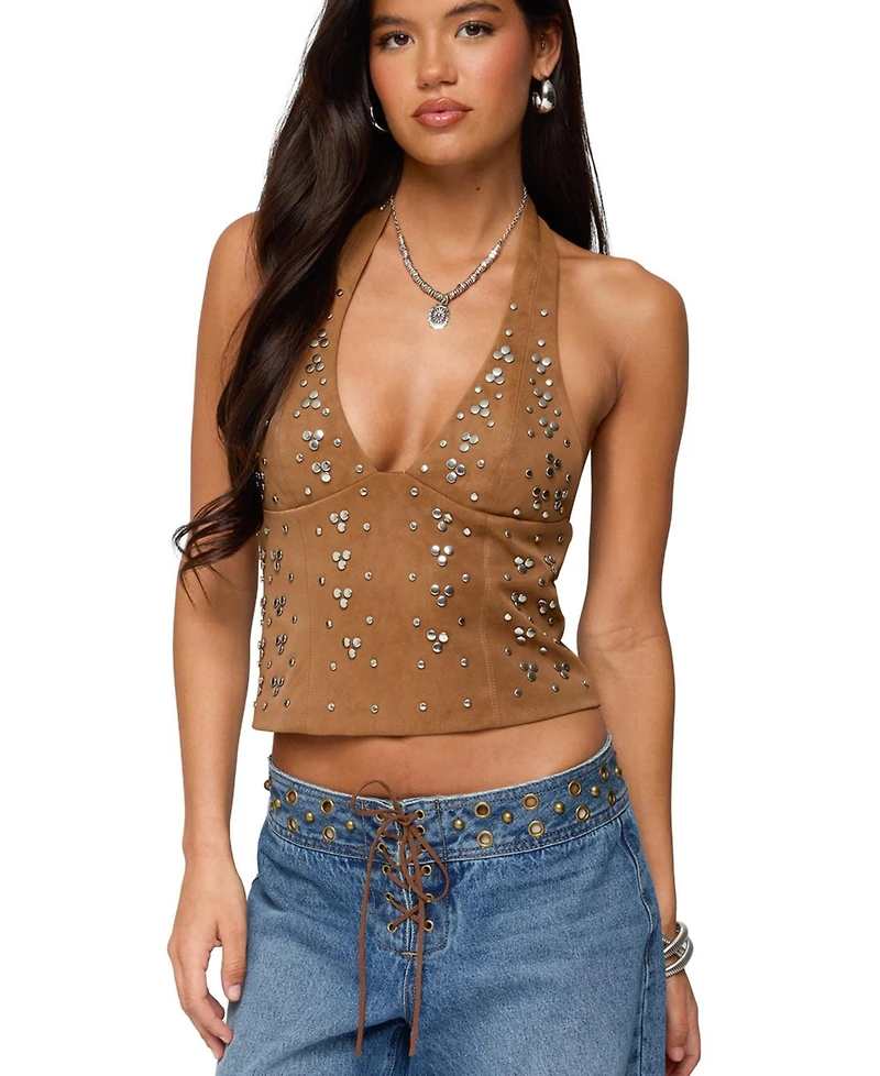 Edikted Womens Xaria Studded Faux Suede Halter Top