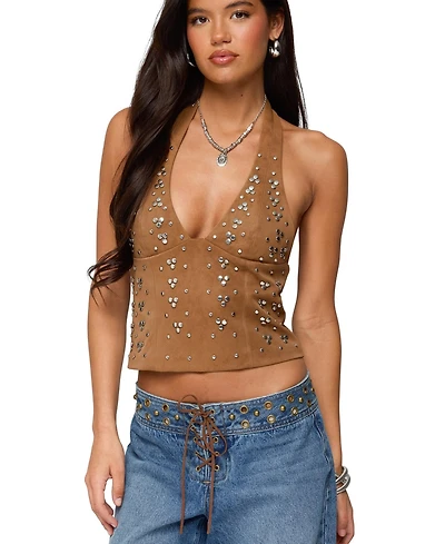 Edikted Womens Xaria Studded Faux Suede Halter Top