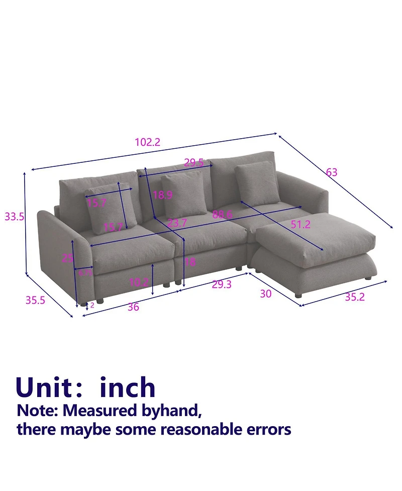 Streamdale 3-Seat Modular Sofa with Ottoman, L-Shaped Sleeper Sofa, 102.2
