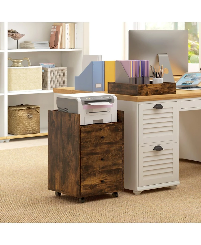 3 Drawer Home Office Storage Cabinet, Office Drawer on Wheels with Removable Tray, Under Desk Printer Stand with Storage, Rustic Brown