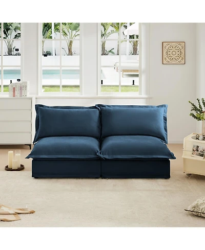 Slipcovered 2-Seater Armless Sofa with Cushions, Chenille Fabric in Blue