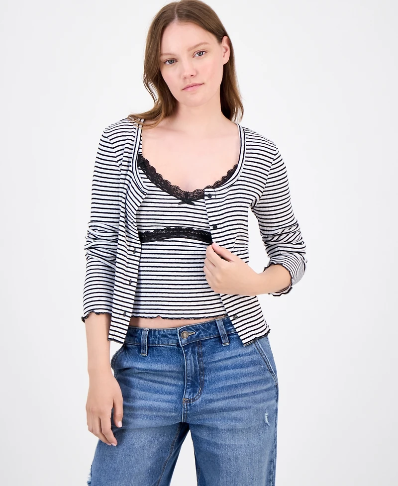 Just Polly Juniors' Cotton Rib-Knit Striped Tank & Cardigan Set