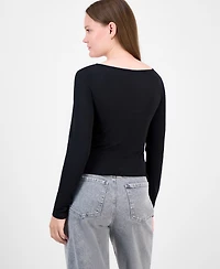 Just Polly Juniors' Lace-Trim Sweetheart-Neck Knit Top