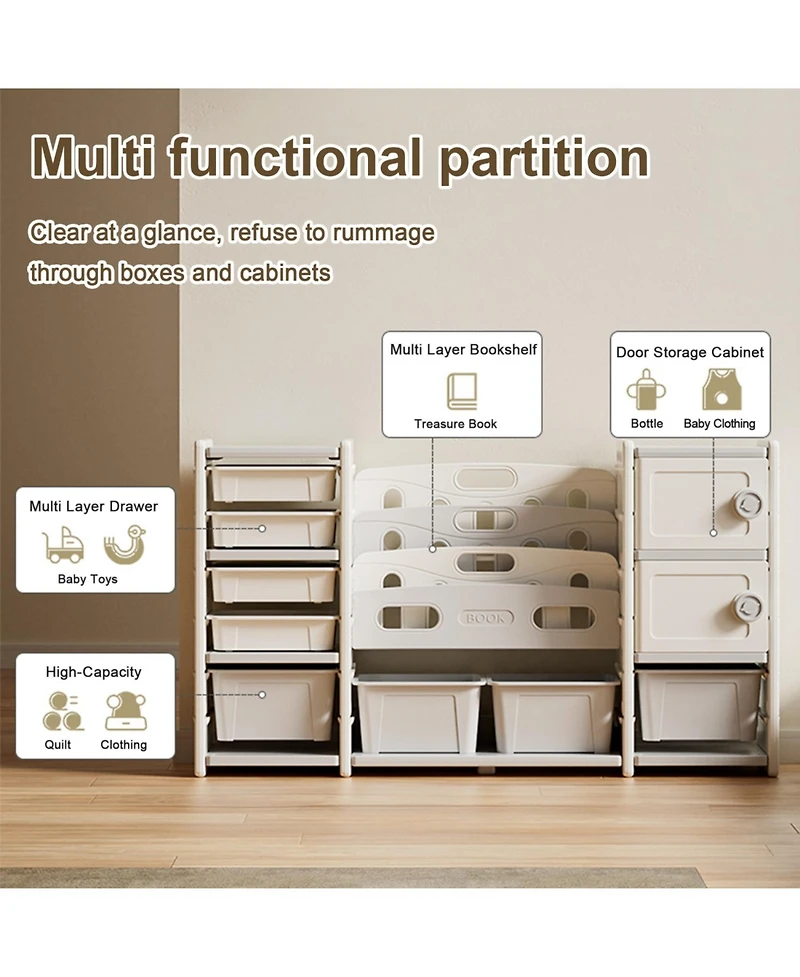Streamdale Furniture Kids Storage Organizer 8 Bins, 4-Tier Bookcase, 2 Cabinets
