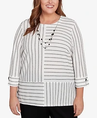 Alfred Dunner Plus Size Santa Barbara Splice Textured Stripe Top with Necklace
