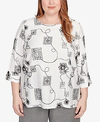 Alfred Dunner Plus Santa Barbara Geometric Floral Soutache Embroidered Top