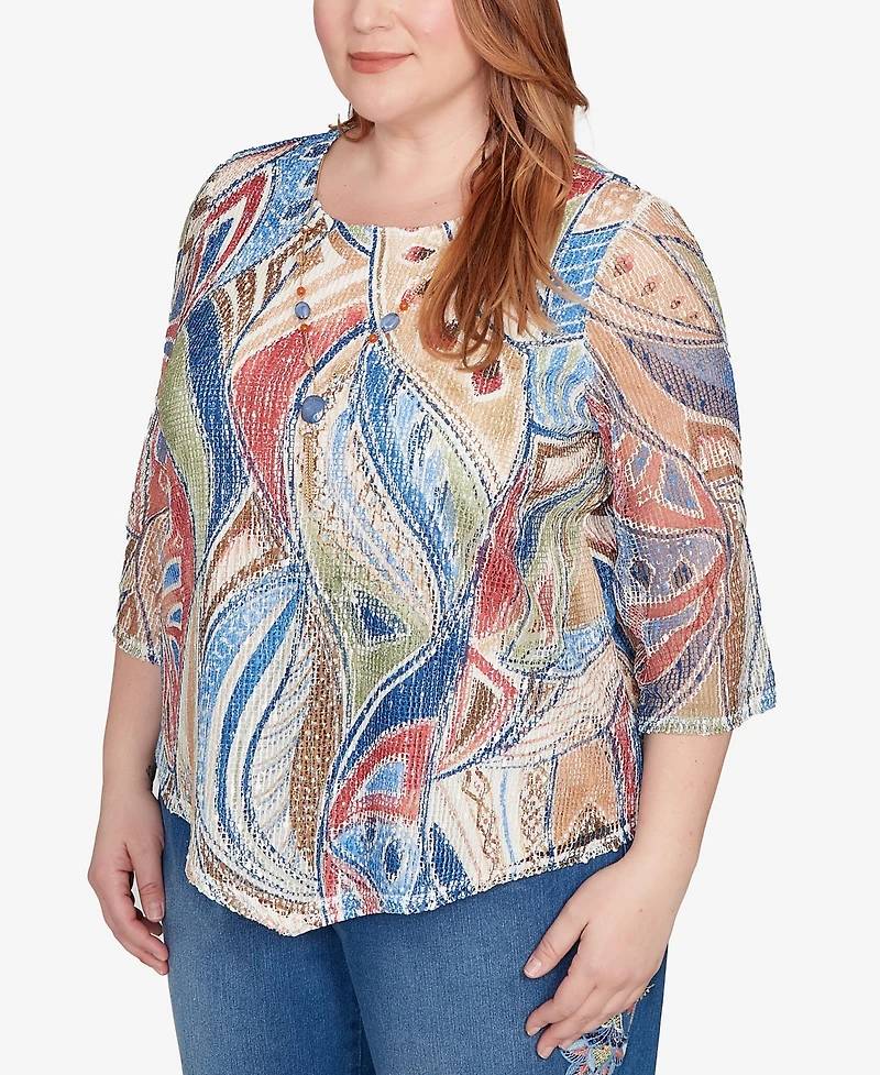 Alfred Dunner Plus El Paso Printed Leaf Textured Top with Necklace