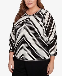Alfred Dunner Plus Santa Barbara Chevron Crochet Bell Sleeve Top