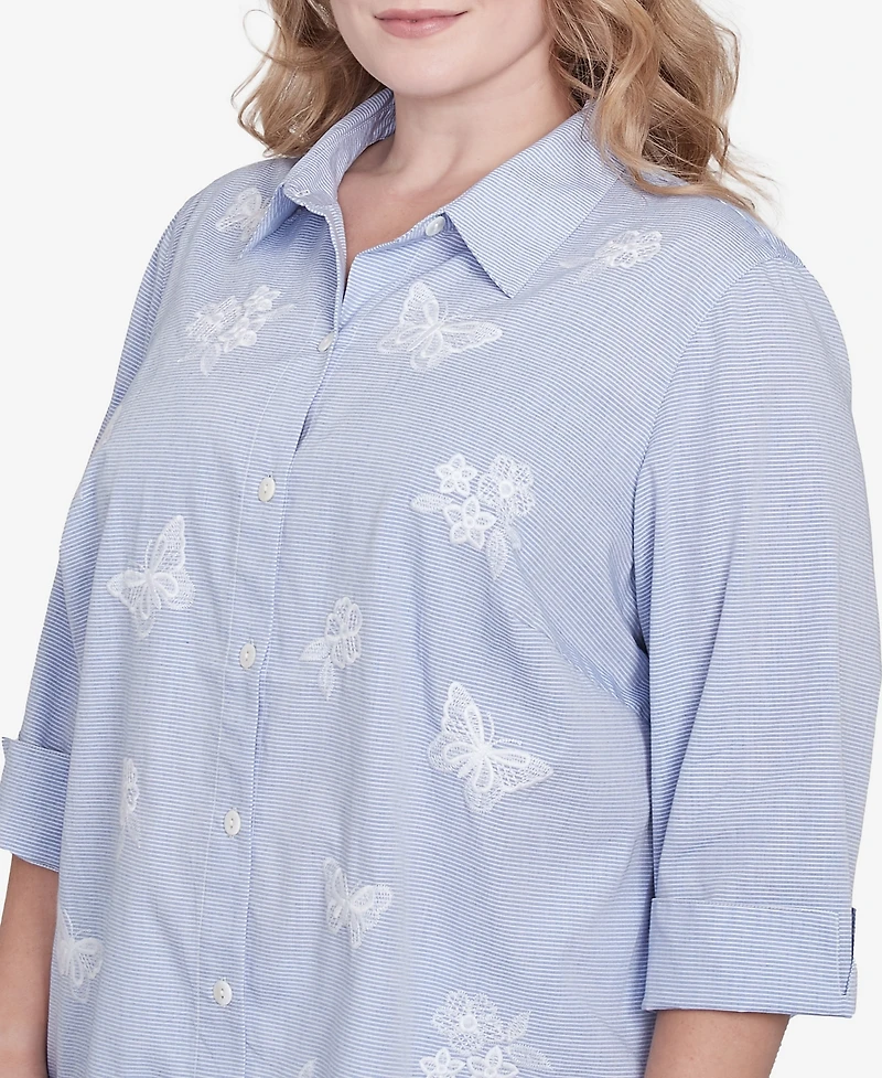 Alfred Dunner Plus Classic Striped Woven Butterfly Button Down Top