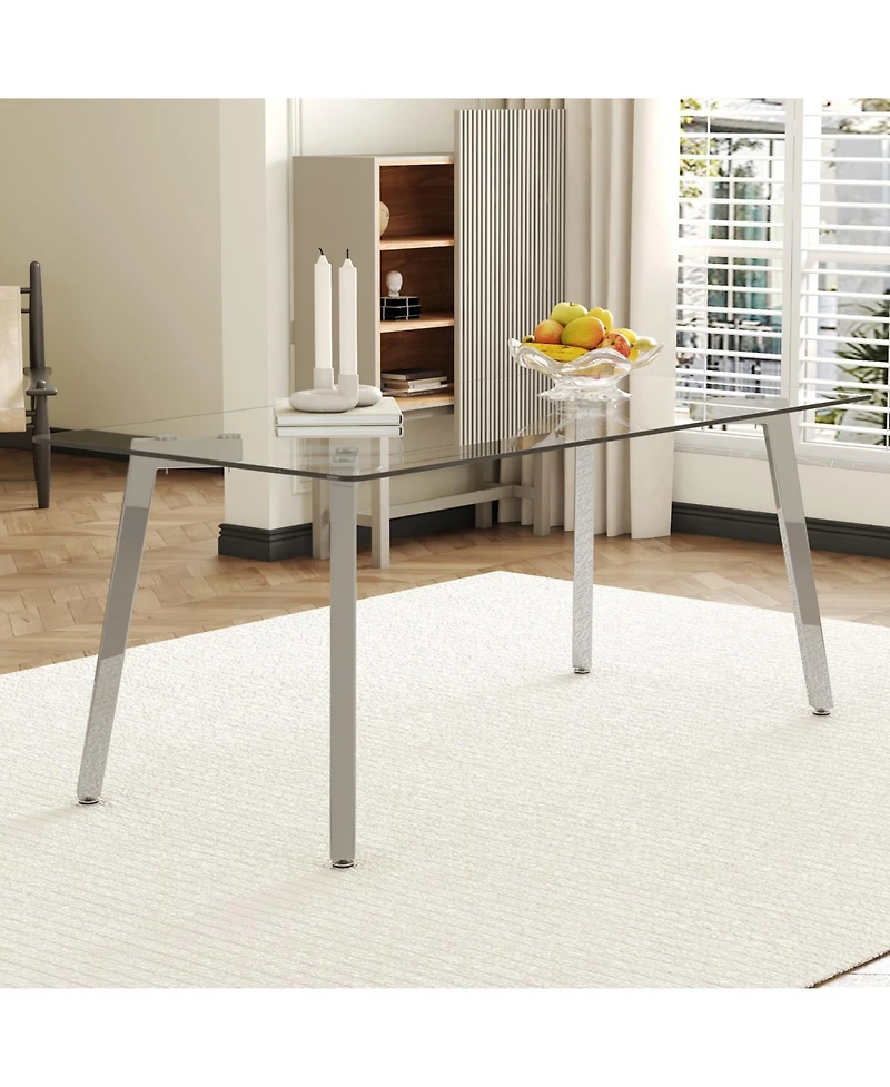 Streamdale 71" Glass Top Dining Table, Silver Metal Legs