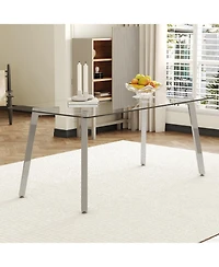 Streamdale 71" Glass Top Dining Table, Silver Metal Legs