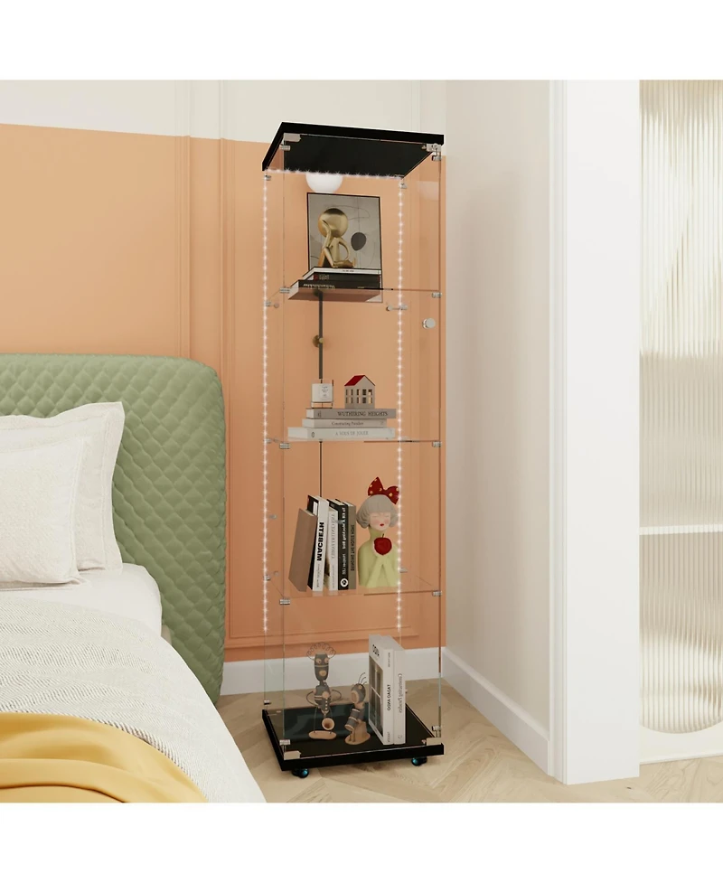 Streamdale Black Tempered Glass Cabinet w/ Led, Lock & Wheels