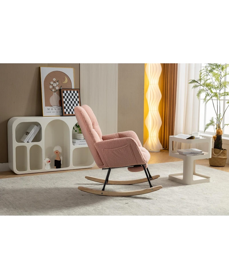 Streamdale Teddy Fabric Rocking Chair With Adjustable Footrest,Pink