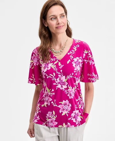 Jm Collection Women's Printed V-Neck Short Sleeve Knit Top, Exclusively at Macy's